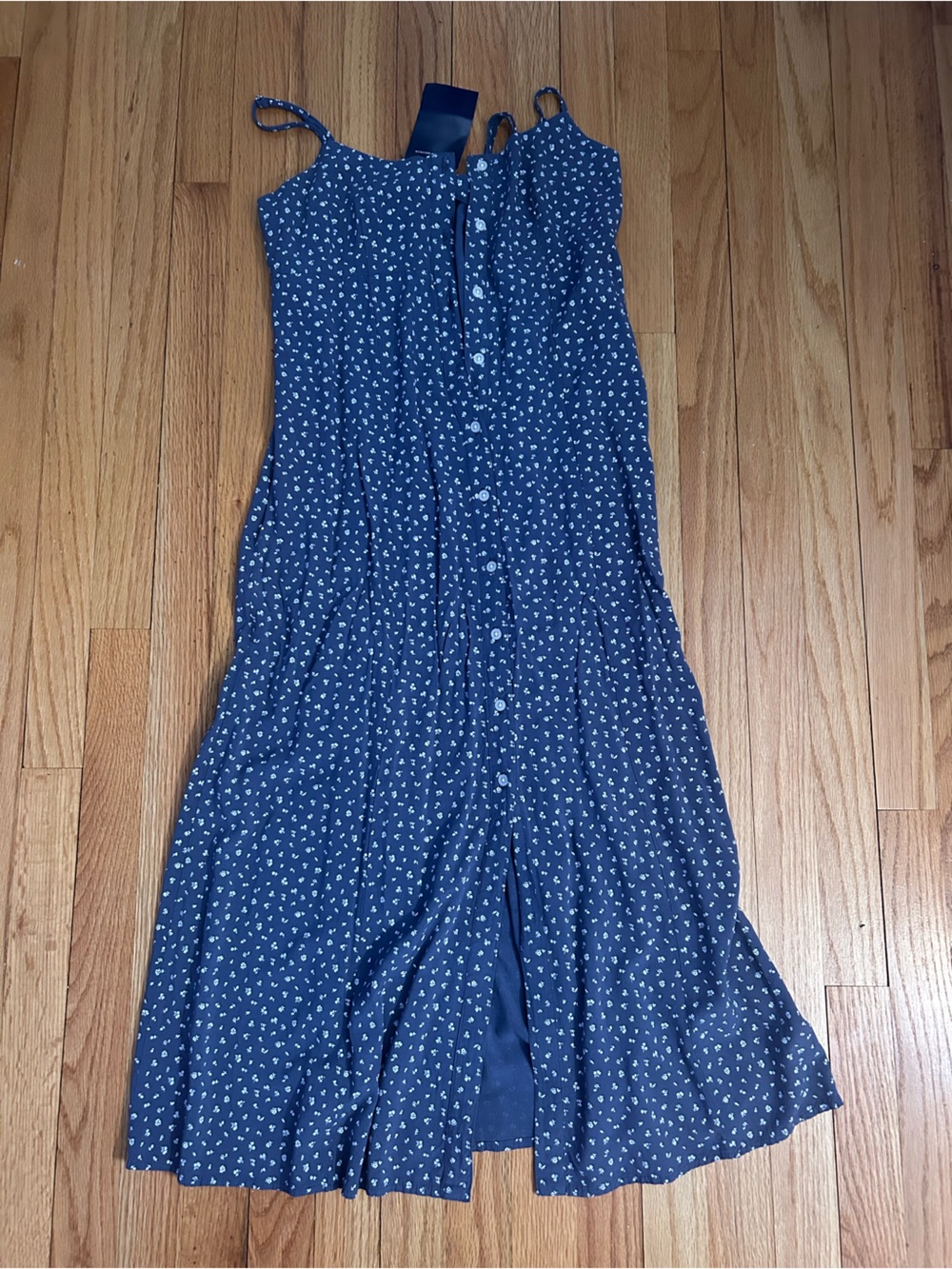 Blue Spaghetti Strap Button-Front Maxi Dress with Small White Print (WITH TAGS)